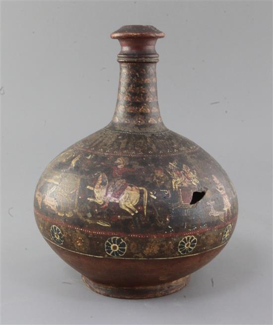 A 19th century Persian Qajar painted terracotta bottle vase, height 10.5in.